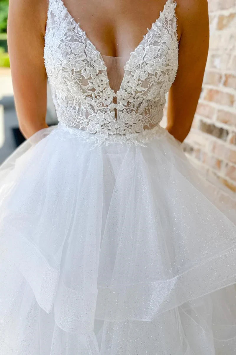 A-line Appliques Backless Multi-Layer Long Wedding Dress