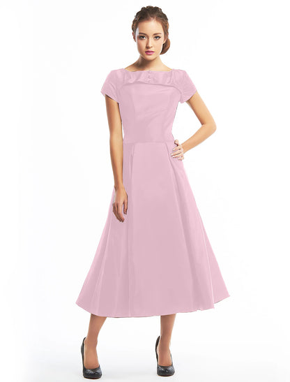 A-Linie Vintage Kleid Homecoming Tee Länge Kurzarm Boot-Ausschnitt Taft mit Knöpfen