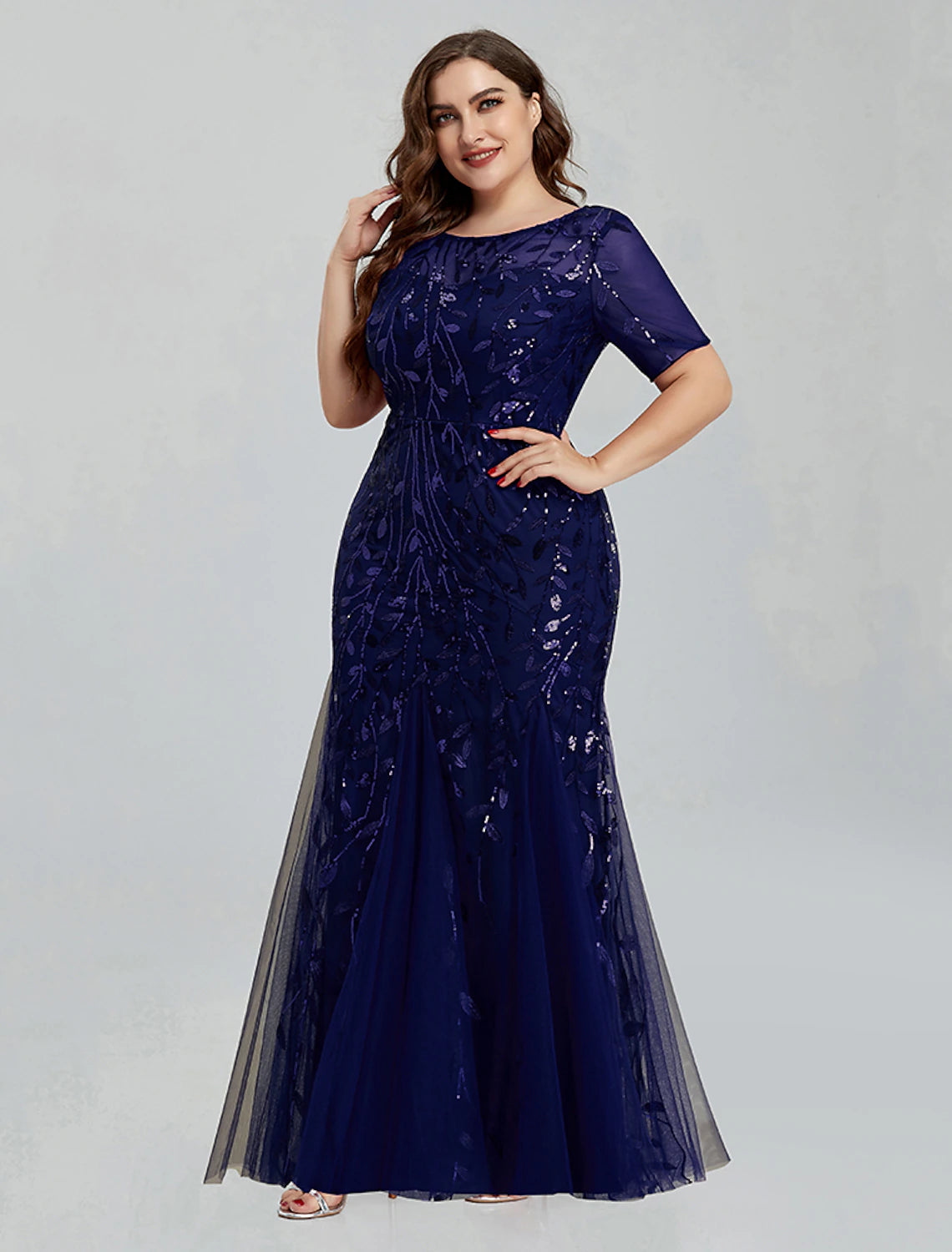 Vestido de noche estilo sirena/trompeta, estilo imperio, para regreso a casa, largo hasta el suelo, manga corta, cuello joya, tul con bordado