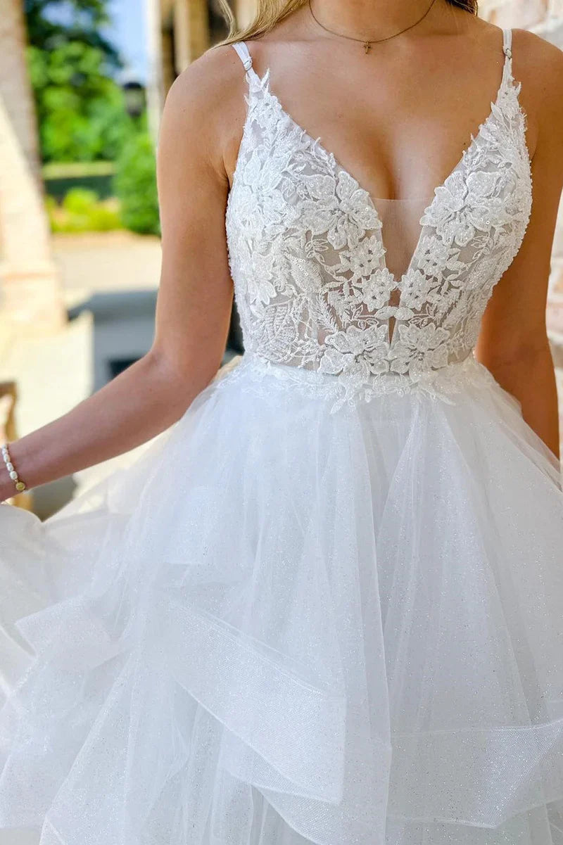 A-line Appliques Backless Multi-Layer Long Wedding Dress