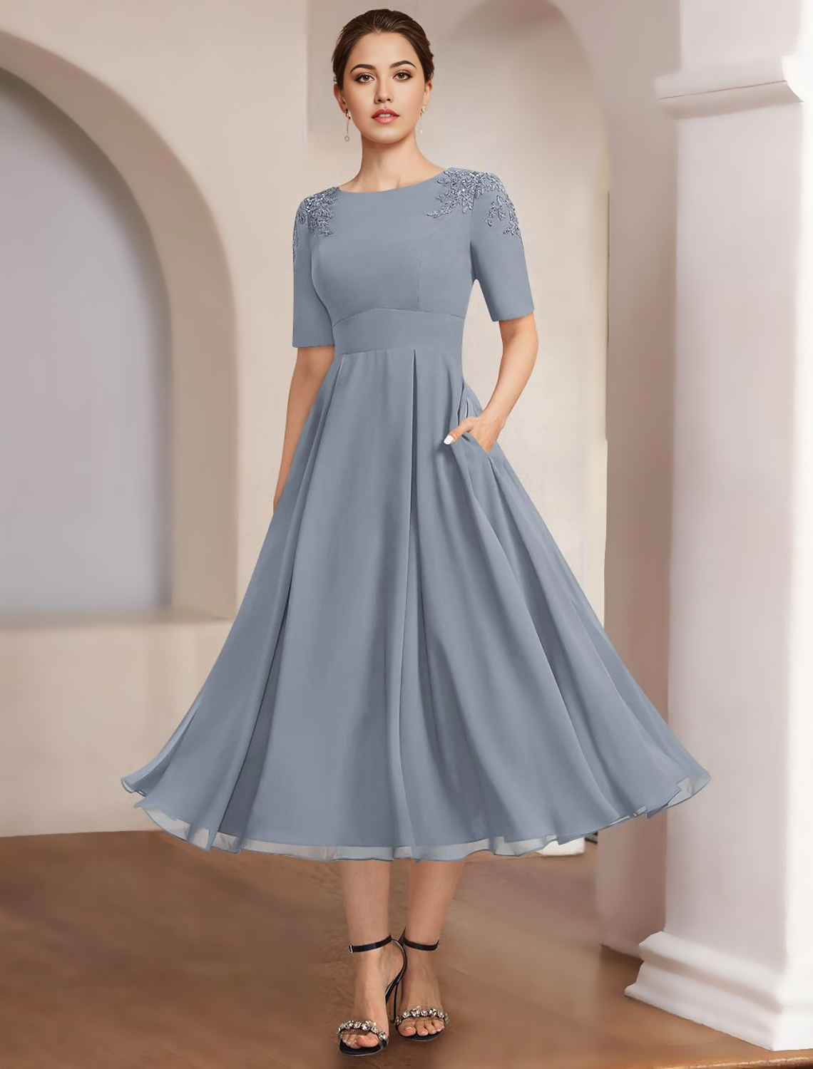 A-Line Mother of the Bride Dress Formal Elegant Bateau Neck Tea Length Chiffon Half Sleeve with Lace free custom size