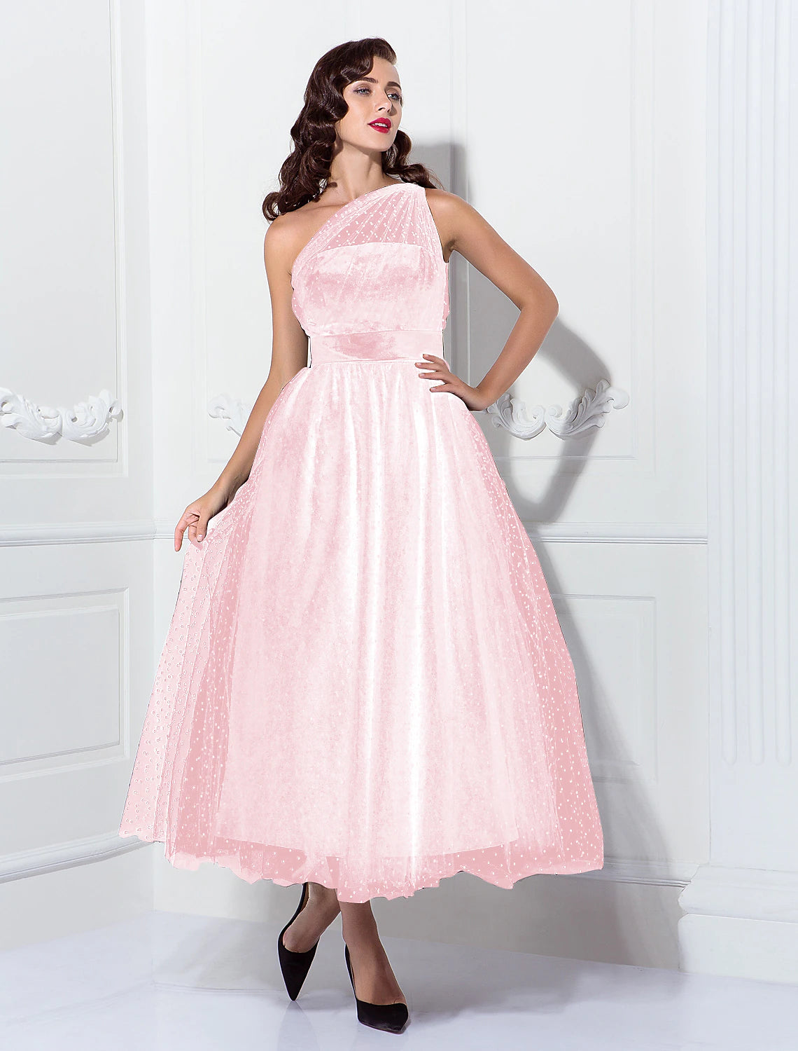 Vestidos de cóctel de corte A, vestido de los años 50, para invitada de boda, largo hasta los tobillos, sin mangas, un hombro, Miércoles de la Familia Addams, tul con pliegues, estampado/estampado