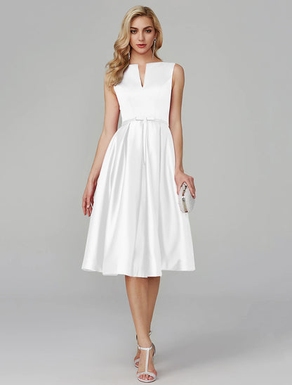 A-Line Party Dress Wedding Guest Knee Length Sleeveless V Wire Satin with Sash / Ribbon