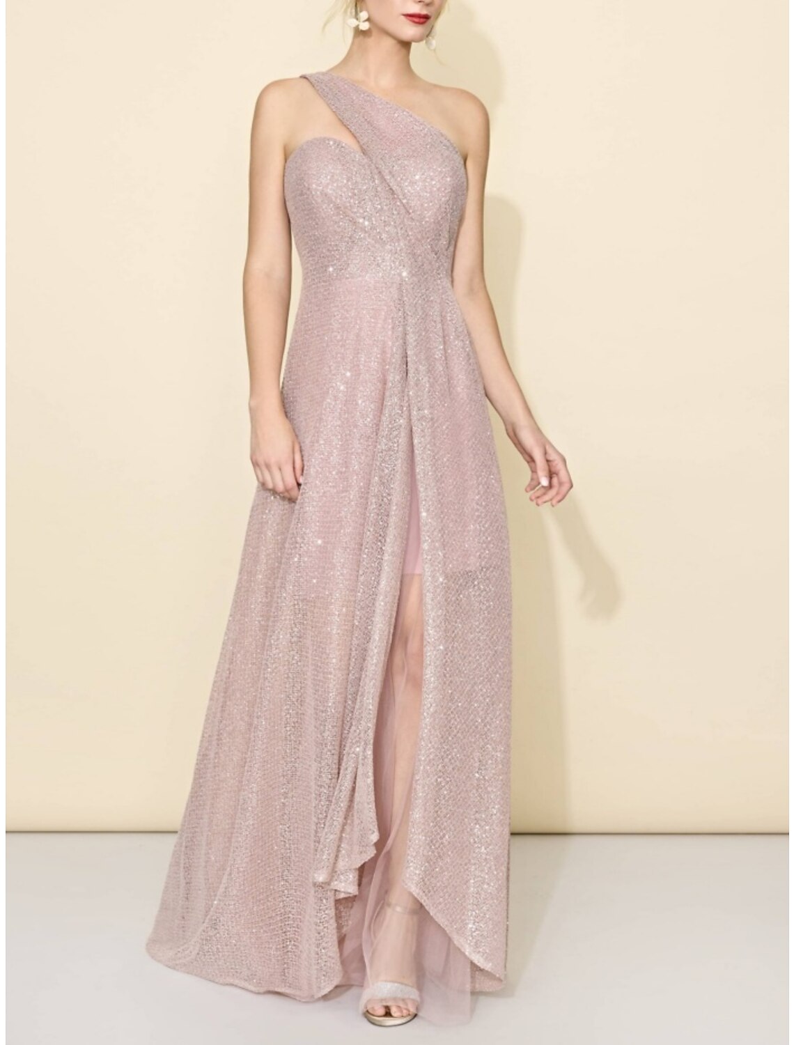 A-Line Bridesmaid Dress One Shoulder Sleeveless Elegant Sweep / Brush Train Sequined with Split Front / Ruching
