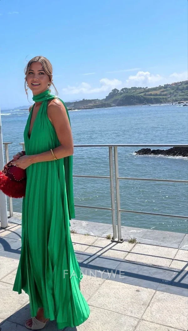 A-Line Halter Deep V Satin Pink Long formal dresses Bridesmaid Dresses evening gown Prom Dress