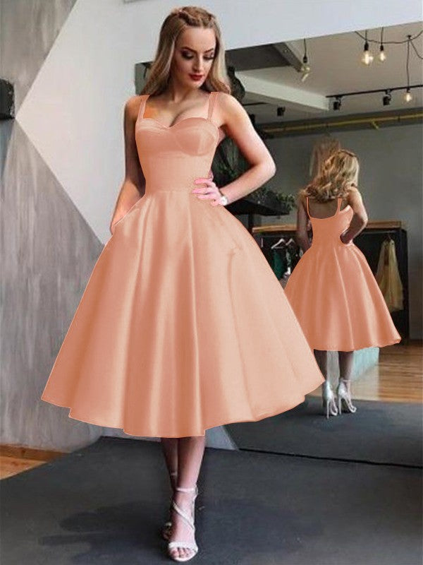 A-Line Straps Satin Sleeveless With Ruffles Tea-Length Dresses