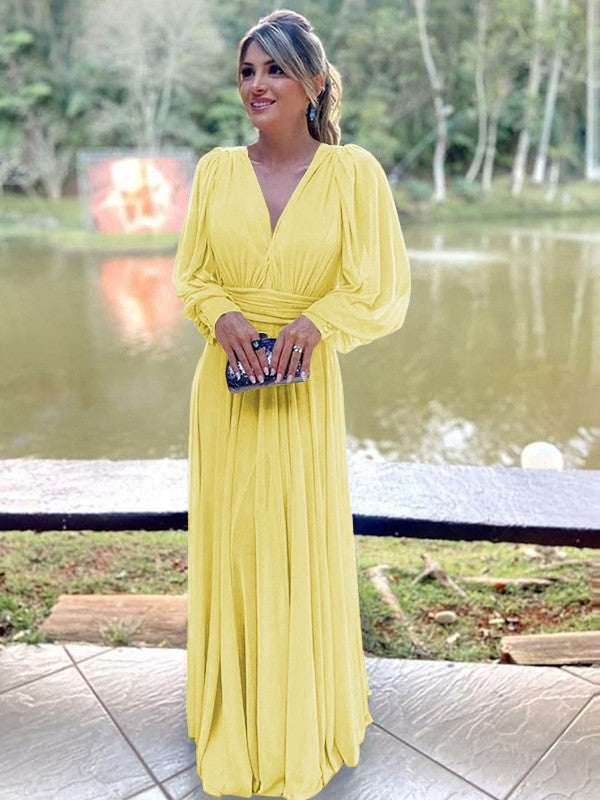 A-Line/Princess Chiffon Ruffles V-neck Long Sleeves Floor-Length Mother of the Bride Dresses