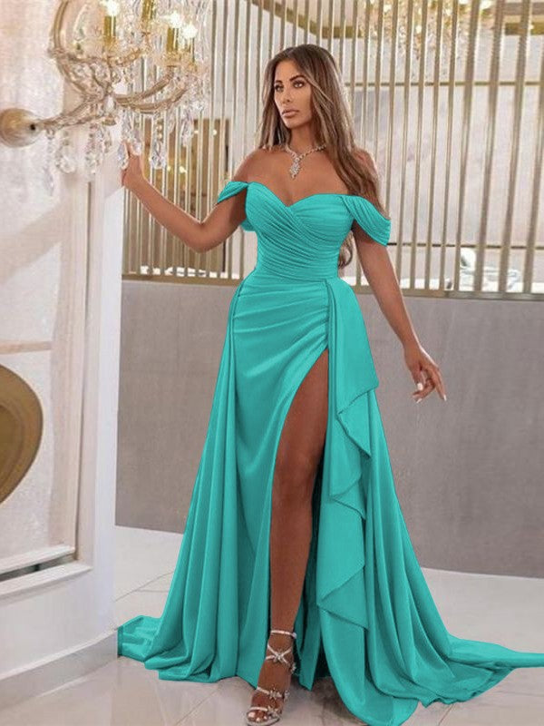 Sheath/Column Jersey Ruched Off-the-Shoulder Sleeveless Sweep/Brush Train Dresses