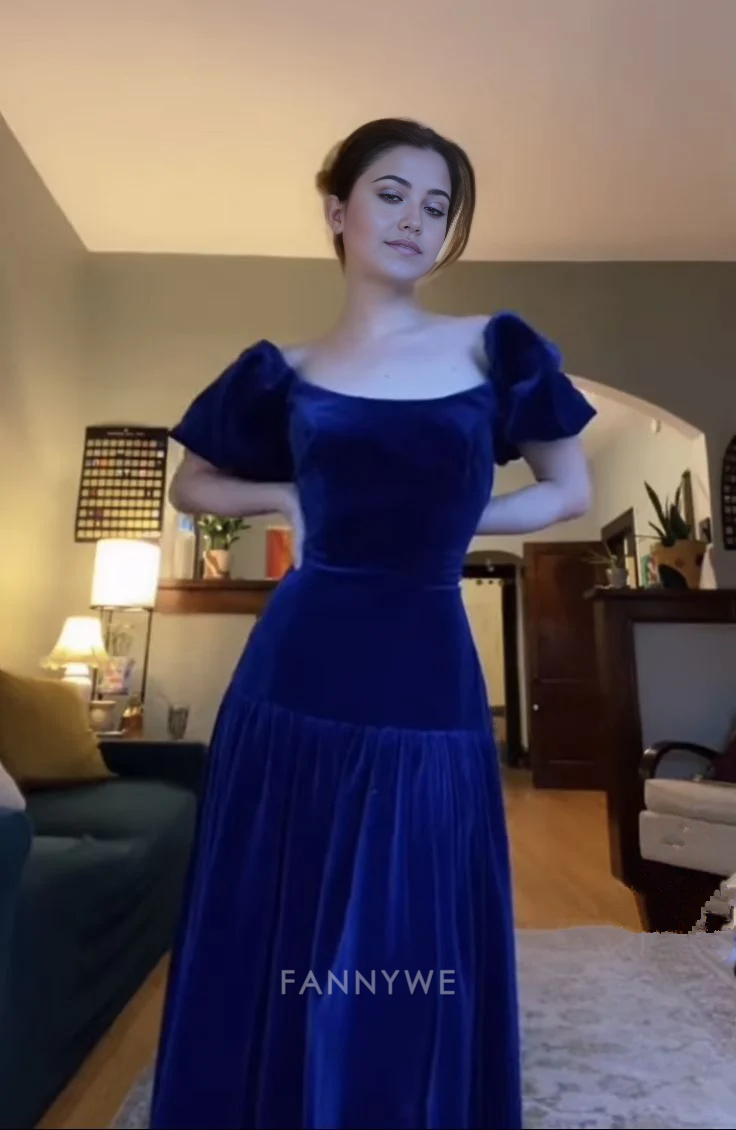 A-Line Velvet Short Sleeves Royal Blue Long formal dresses Bridesmaid Dresses evening gown Prom Dress