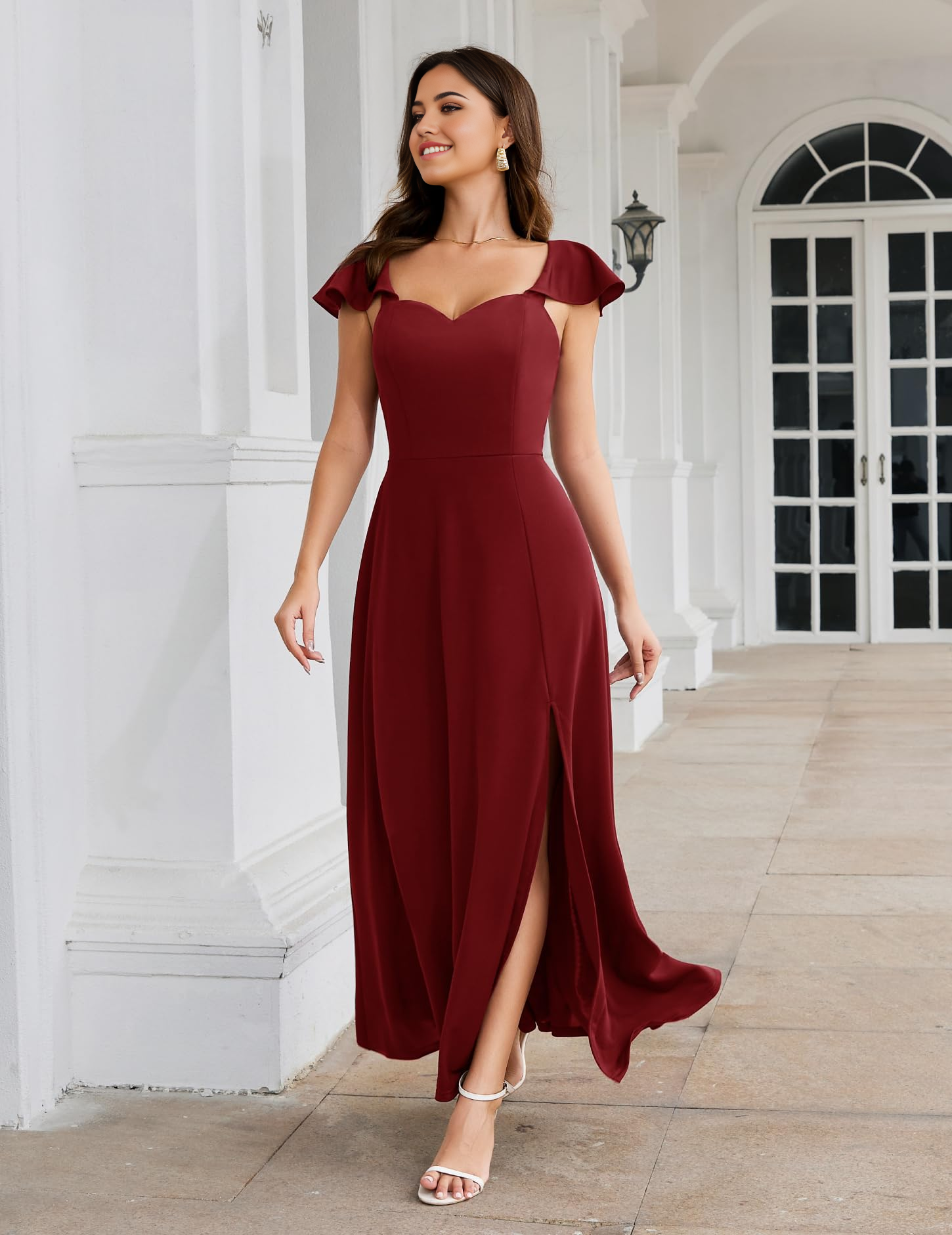 A-line Sweetheart V Neck Ruffled Sleeve formal dresses evening gown Prom Dress With Side Slit