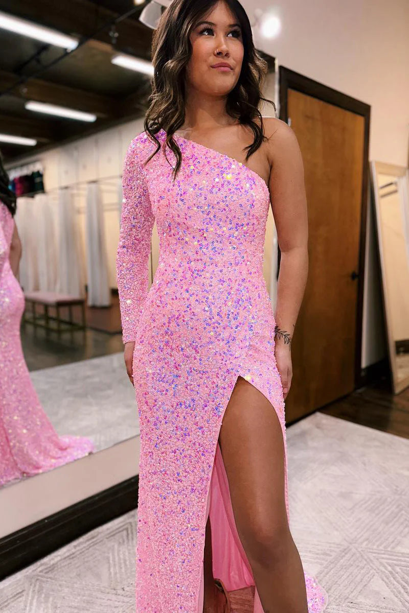 Vestido de fiesta de sirena con lentejuelas y un solo hombro
