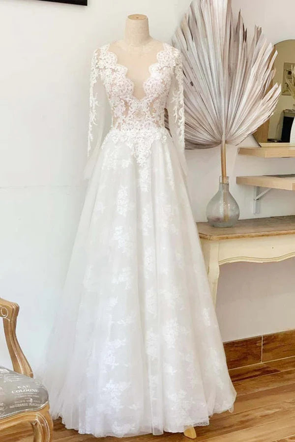 A-Line Crew Neck Lace Wedding Dress