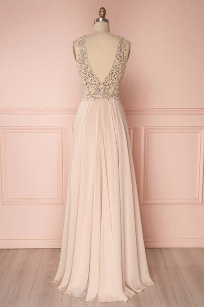 V neck beads sequin long prom dress