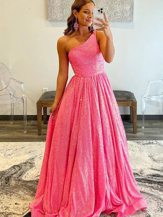 A-Line One Shoulder Sequins Prom Dress with Pockets