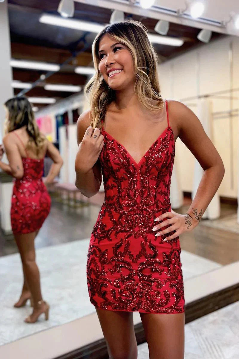 Bodycon V Neck Bodycon Homecoming Dresses with Sequins Appliques