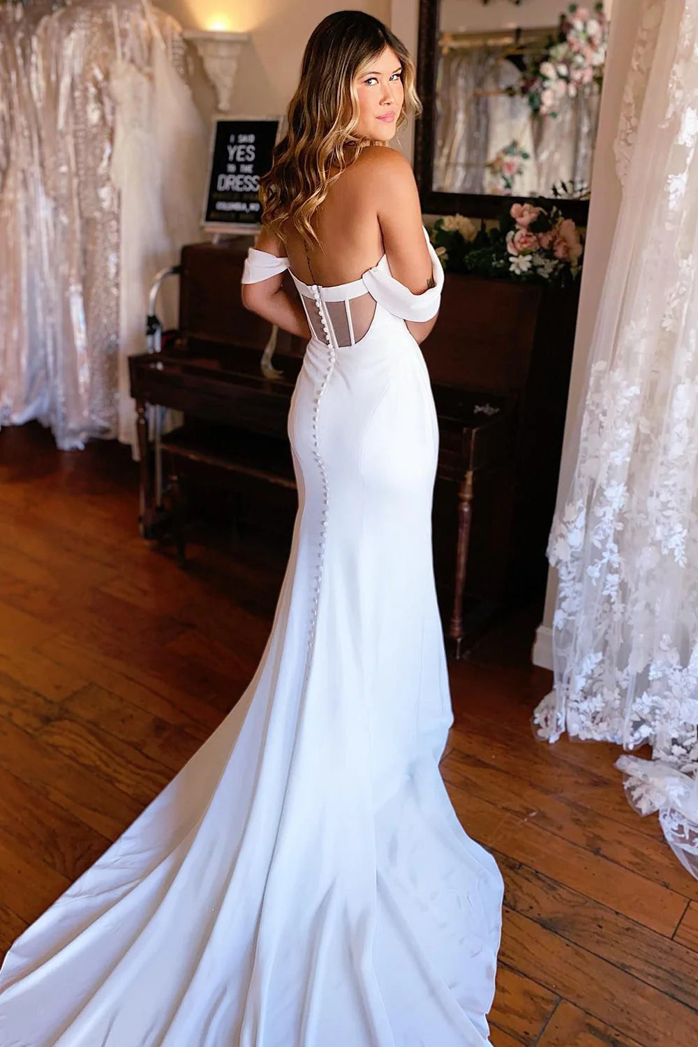 Boho Mermaid Simple Off the Shoulder Wedding Dress