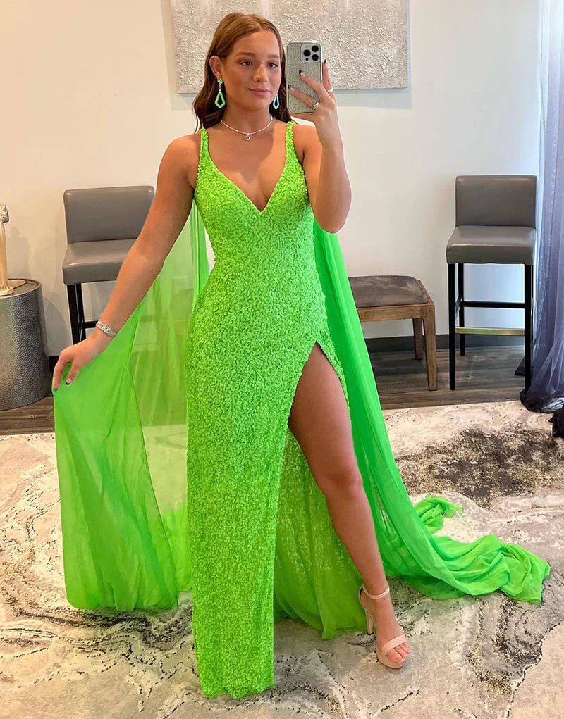 Vestido de fiesta de sirena con escote en V y lentejuelas con abertura