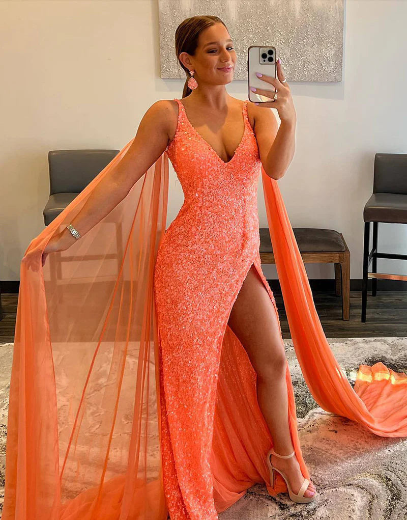 Vestido de fiesta de sirena con escote en V y lentejuelas con abertura