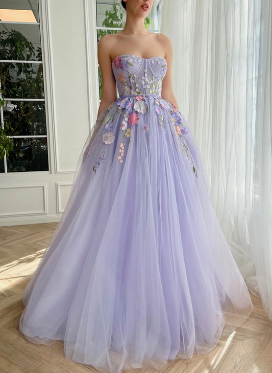 A Line Tulle Long Evening Dresses Prom Dresses With 3D Flower