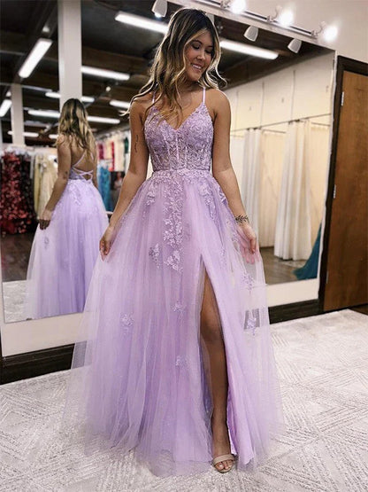 A Line Tulle Lace Appliques V Neck Prom Dresses Evening Dresses