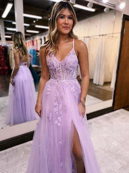 A Line Tulle Lace Appliques V Neck Prom Dresses Evening Dresses