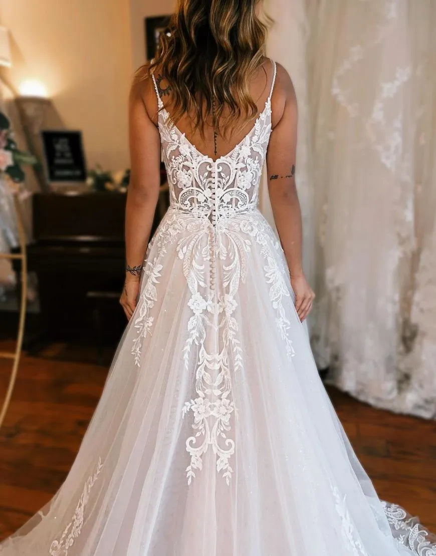 A-Line Chapel Train Wedding Dress With Appliques And Split