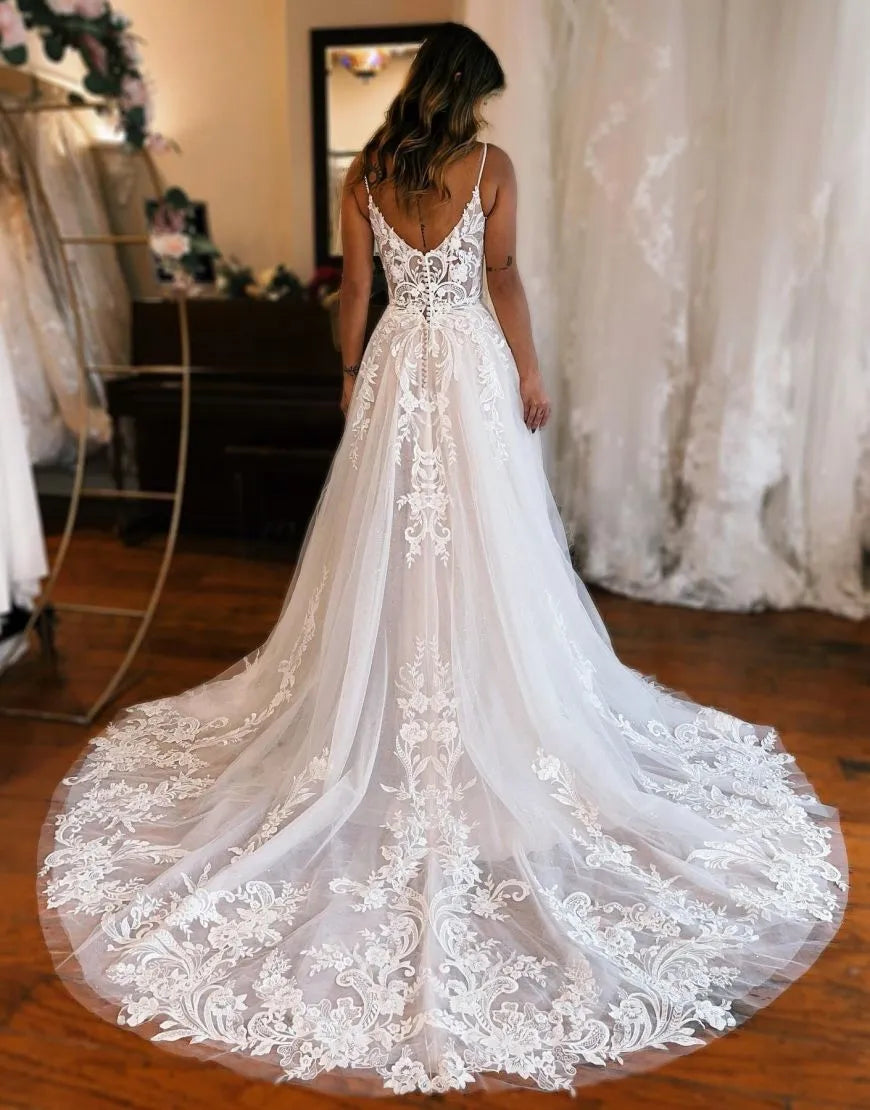 A-Line Chapel Train Wedding Dress With Appliques And Split
