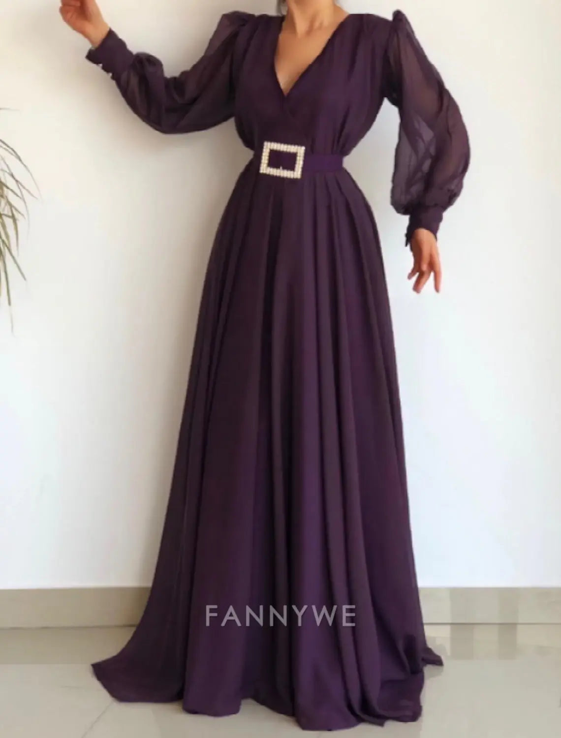 FannyWe Vestido de noche sencillo de corte A, elegante, para compromiso, formal, de noche, largo hasta el suelo, manga larga, cuello en V, de gasa con faja/cinta plisada 