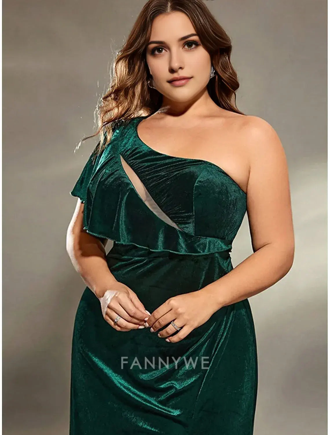 FannyWe Simple A-Line Evening Gown Elegant Dress Formal Wedding Floor Length Sleeveless One Shoulder Velvet with Slit