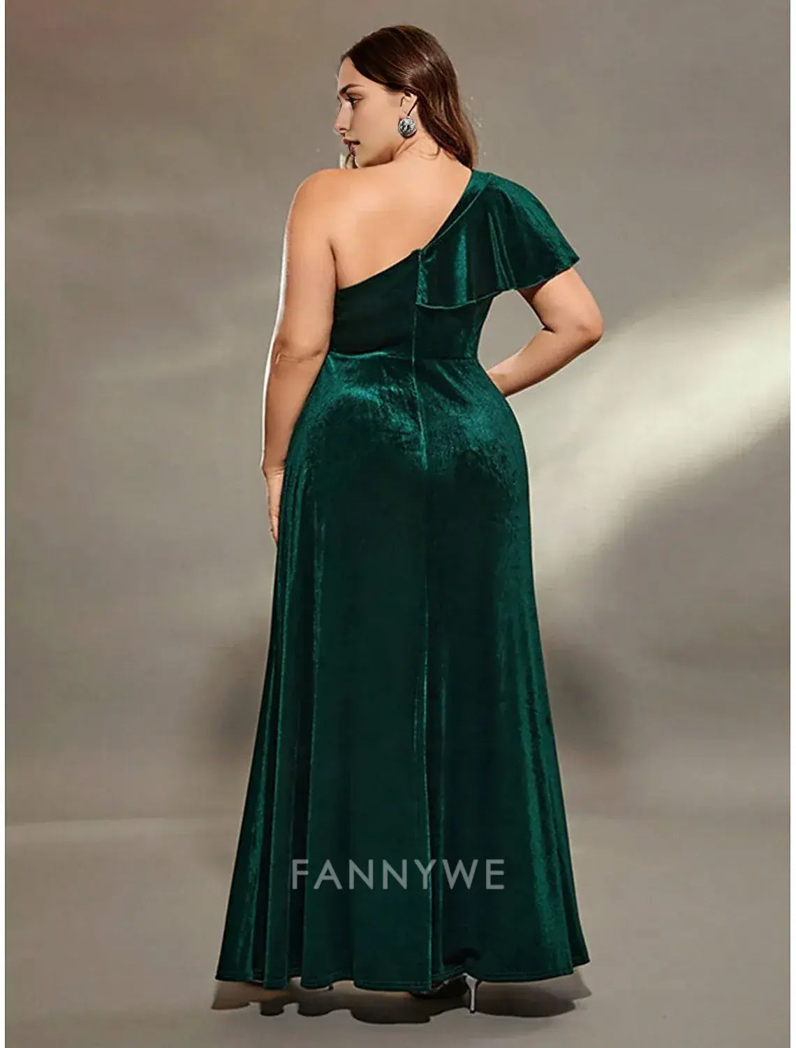 FannyWe Simple A-Line Evening Gown Elegant Dress Formal Wedding Floor Length Sleeveless One Shoulder Velvet with Slit