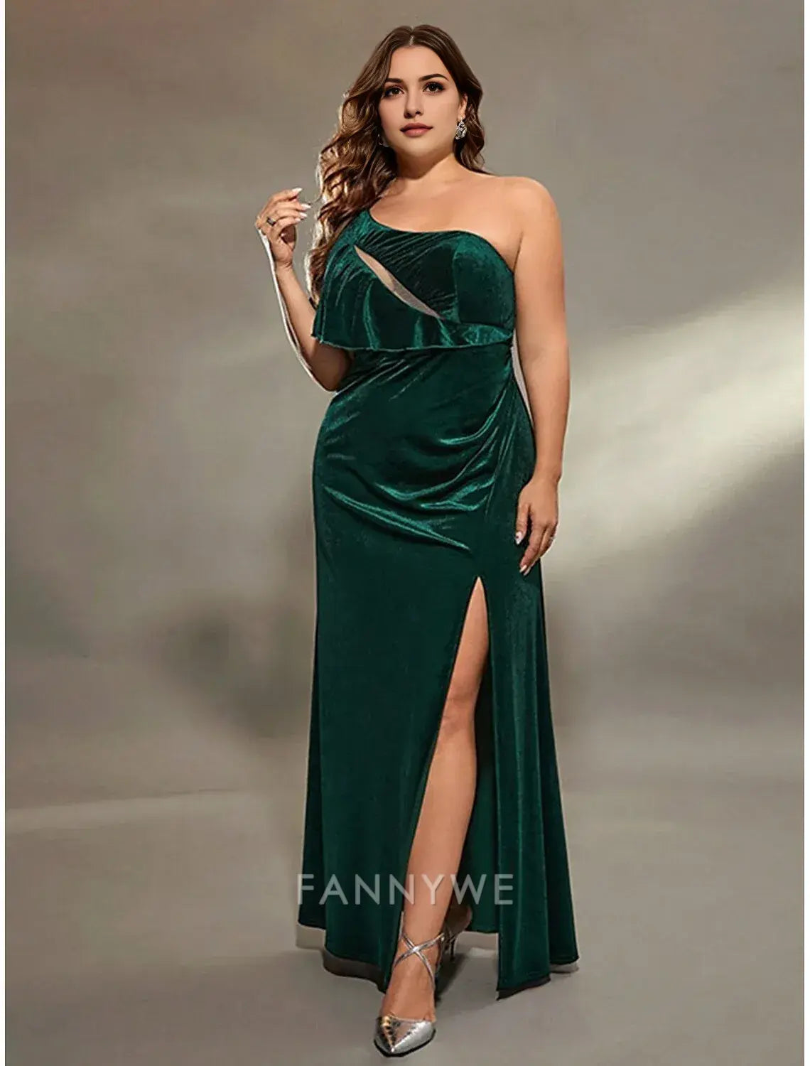 FannyWe Simple A-Line Evening Gown Elegant Dress Formal Wedding Floor Length Sleeveless One Shoulder Velvet with Slit