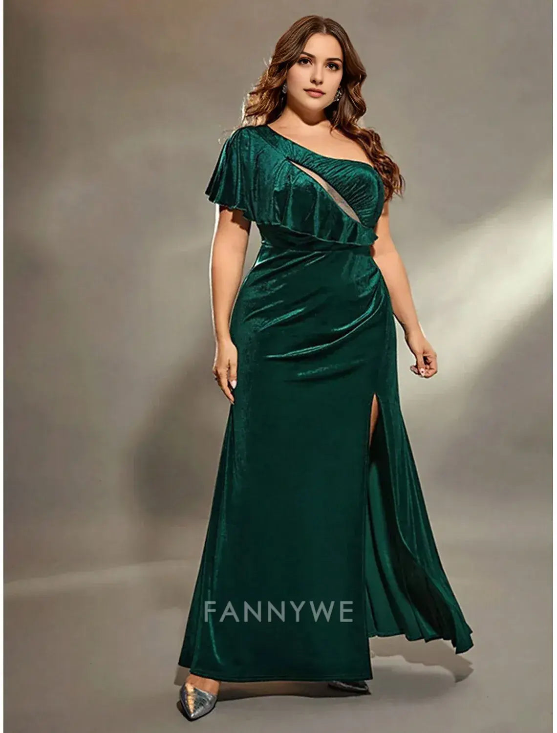 FannyWe Simple A-Line Evening Gown Elegant Dress Formal Wedding Floor Length Sleeveless One Shoulder Velvet with Slit