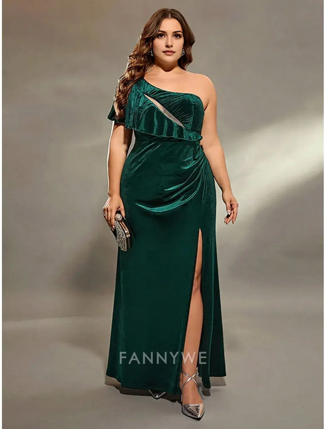 FannyWe Simple A-Line Evening Gown Elegant Dress Formal Wedding Floor Length Sleeveless One Shoulder Velvet with Slit