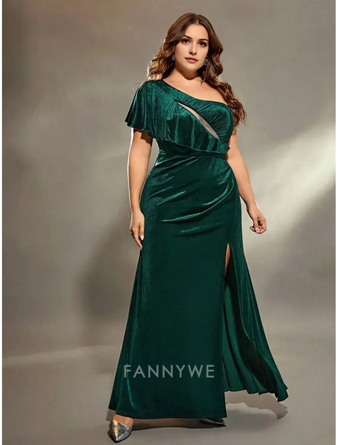 FannyWe Simple A-Line Evening Gown Elegant Dress Formal Wedding Floor Length Sleeveless One Shoulder Velvet with Slit