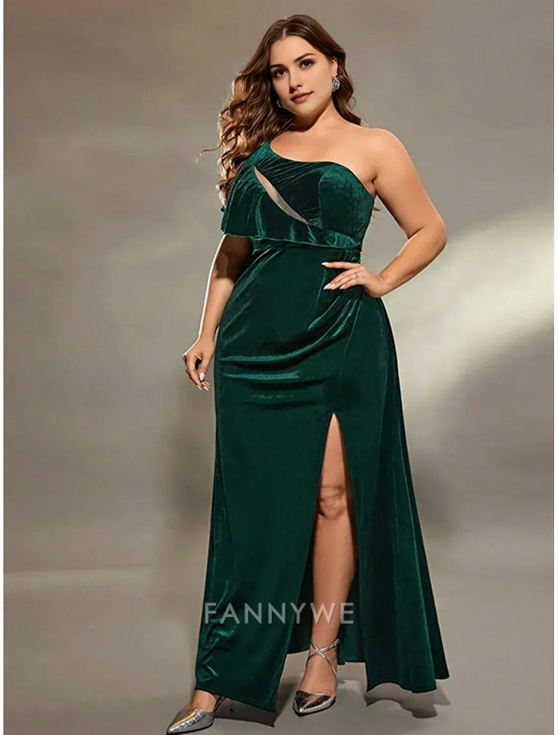 FannyWe Simple A-Line Evening Gown Elegant Dress Formal Wedding Floor Length Sleeveless One Shoulder Velvet with Slit
