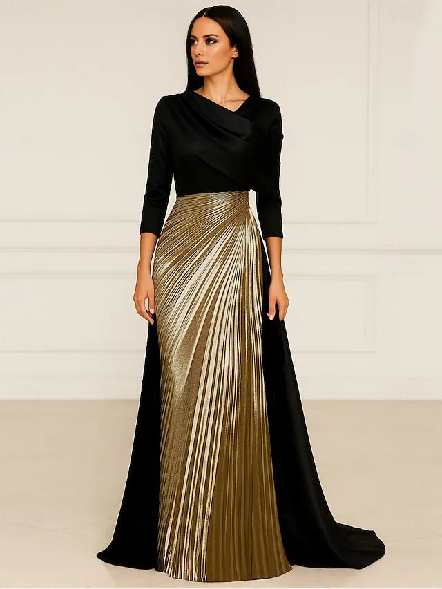 A-Line Floor Length Evening Gown Ball Gown with Overskirt Formal Dress Elegant Silky Long Sleeve Queen Anne Wedding Formal Satin with Glitter Pleats