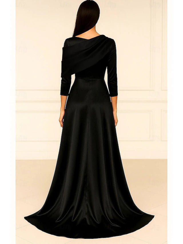A-Line Floor Length Evening Gown Ball Gown with Overskirt Formal Dress Elegant Silky Long Sleeve Queen Anne Wedding Formal Satin with Glitter Pleats