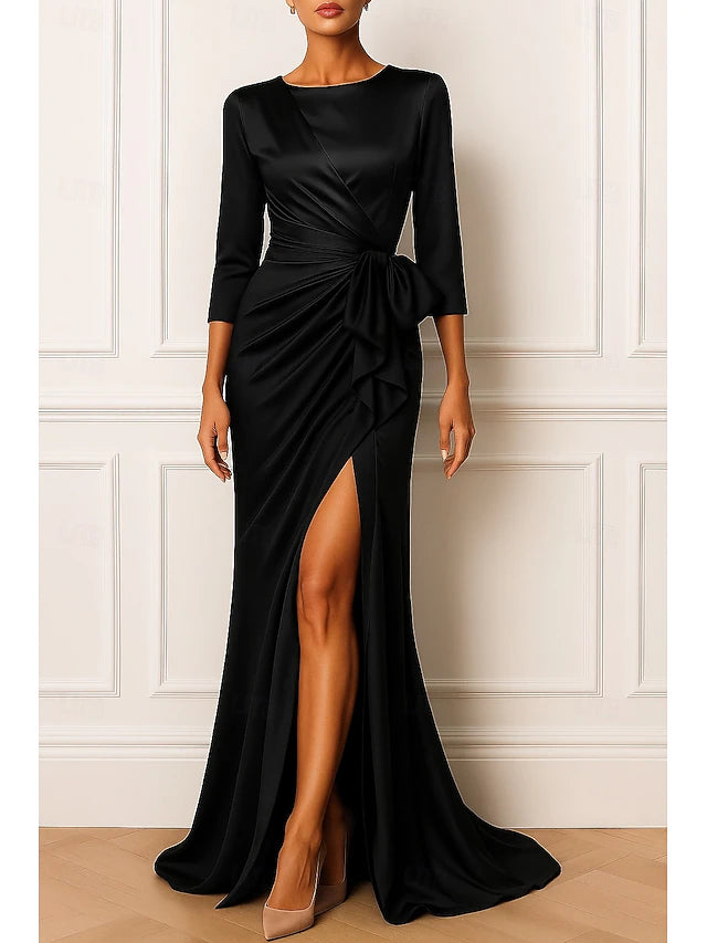 A-Line Floor Length Prom Dresses Evening Gown Ball Gown Elegant High Split 3/4 Length Sleeve Crew Neck Wedding Formal Satin with Bow(s) Pleats Ruffles