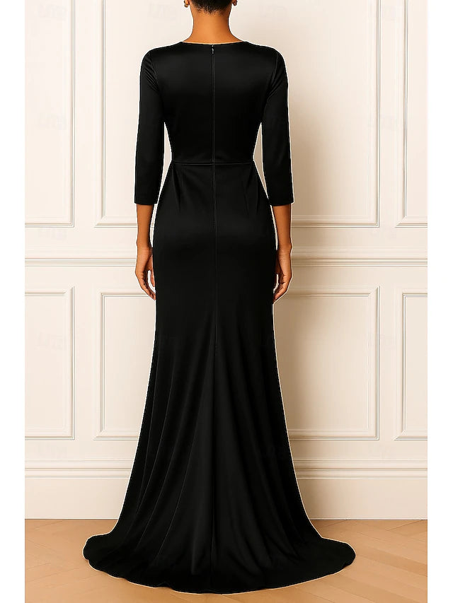 A-Line Floor Length Prom Dresses Evening Gown Ball Gown Elegant High Split 3/4 Length Sleeve Crew Neck Wedding Formal Satin with Bow(s) Pleats Ruffles