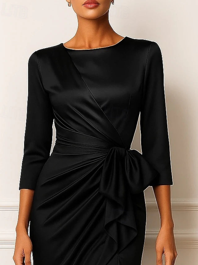 A-Line Floor Length Prom Dresses Evening Gown Ball Gown Elegant High Split 3/4 Length Sleeve Crew Neck Wedding Formal Satin with Bow(s) Pleats Ruffles