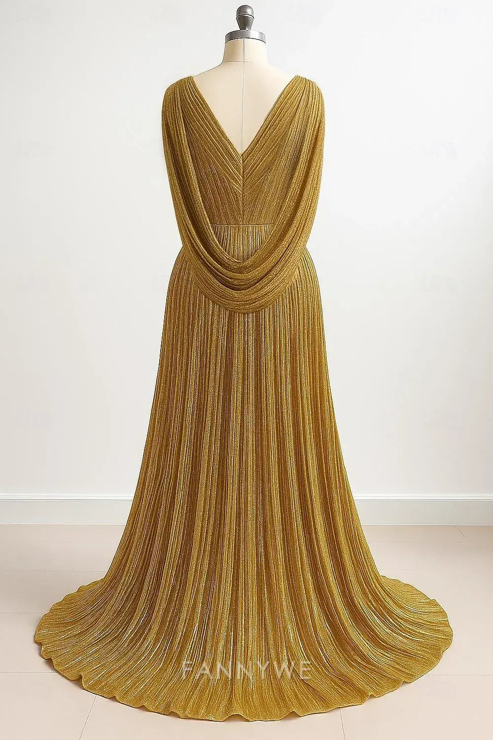 A-Line Floor Length Prom Dresses Evening Gown Ball Gown Formal Dress Elegant Short Sleeve V Neck Wedding Formal Capes Lurex Fabric with Glitter Pleats