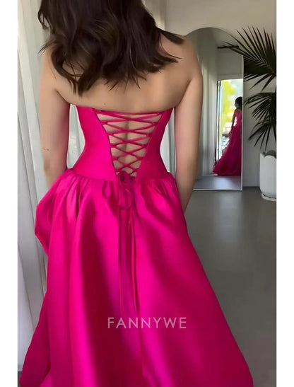 FannyWe Simple A-Line Rosa Fuerte Prom Vestidos de Cintura Baja Elegante Vestido de Corsé Formal Fiesta de Noche Largo hasta el Suelo Sin Mangas Hombros Descubiertos Satén con Fruncido