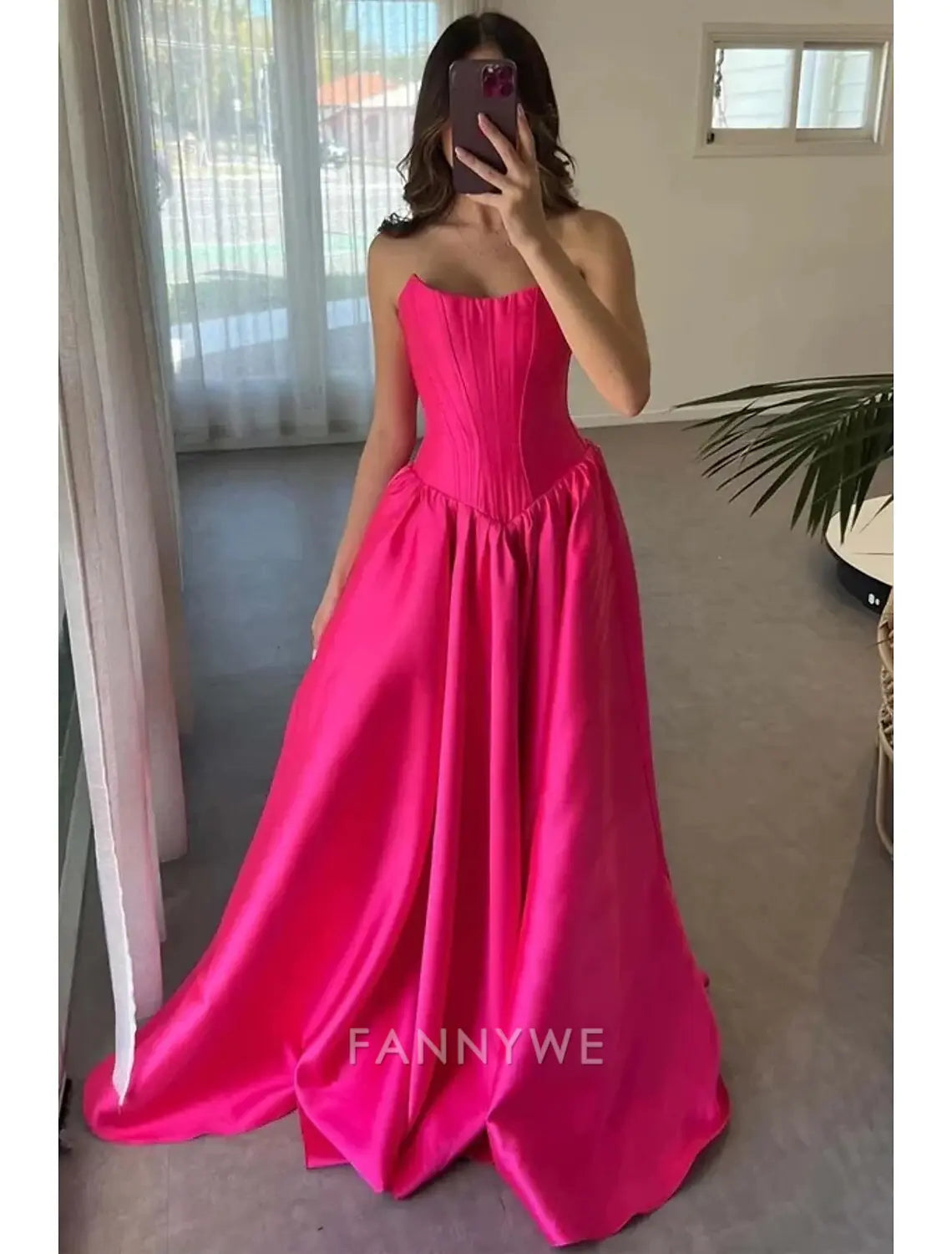 FannyWe Simple A-Line Rosa Fuerte Prom Vestidos de Cintura Baja Elegante Vestido de Corsé Formal Fiesta de Noche Largo hasta el Suelo Sin Mangas Hombros Descubiertos Satén con Fruncido