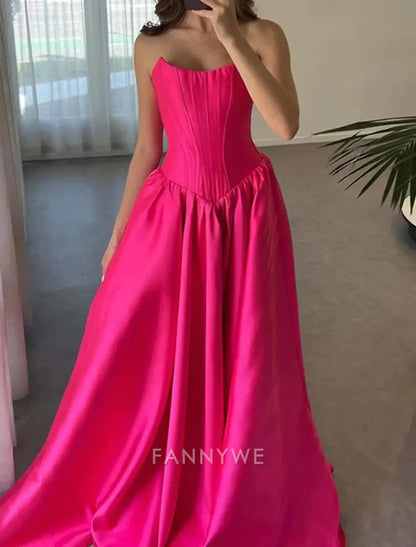 FannyWe Simple A-Line Rosa Fuerte Prom Vestidos de Cintura Baja Elegante Vestido de Corsé Formal Fiesta de Noche Largo hasta el Suelo Sin Mangas Hombros Descubiertos Satén con Fruncido