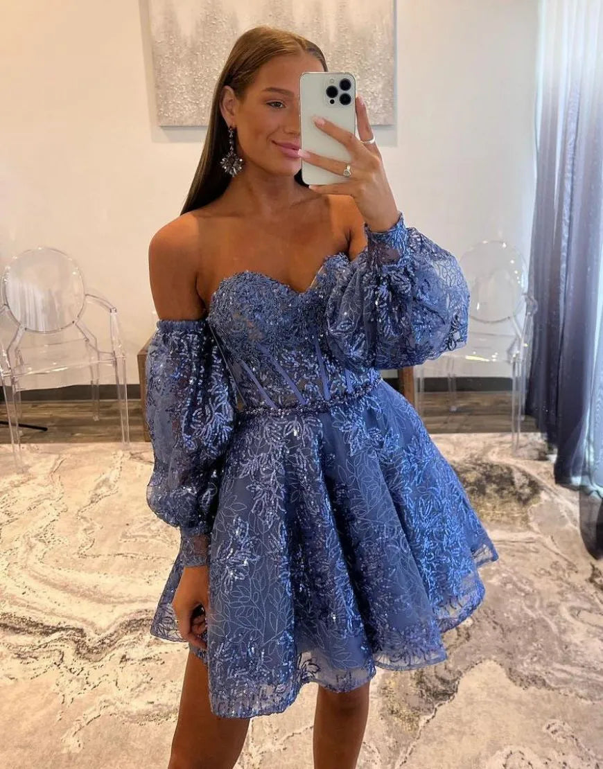 A-Line Lace Homecoming Dress With Detachable Sleeves