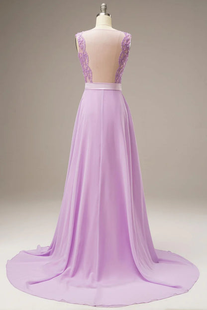 A Line Lace Top Sweep Train Prom Dress