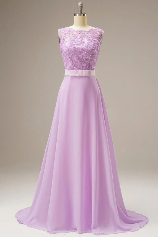 A Line Lace Top Sweep Train Prom Dress