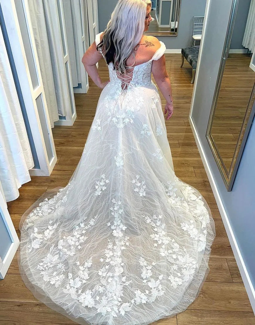A-Line Off The Shoulder Corset Back Plus Size Lace Wedding Dress