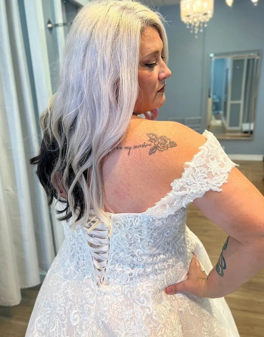 A-Line Off The Shoulder Corset Back Plus Size Lace Wedding Dress