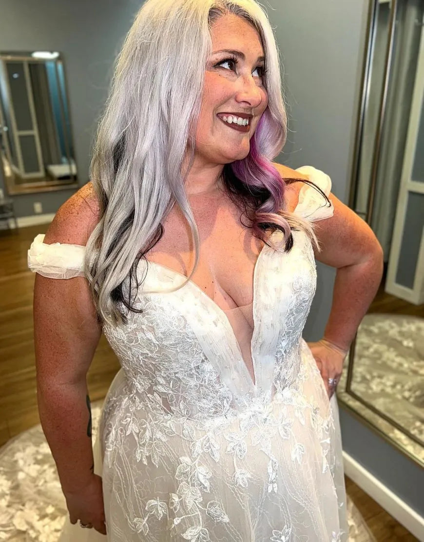 A-Line Off The Shoulder Corset Back Plus Size Lace Wedding Dress